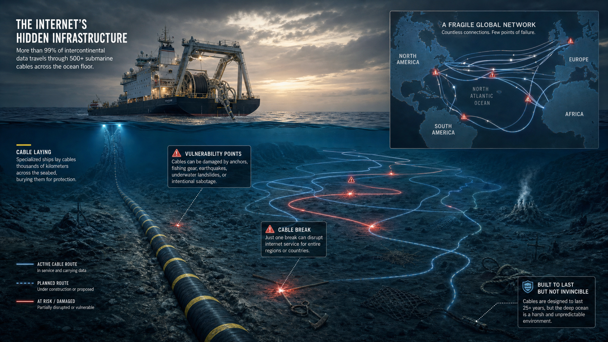 Visualization of the undersea cable network that carries 97% of global internet traffic — a physical infrastructure far more vulnerable to disruption than most users realize.