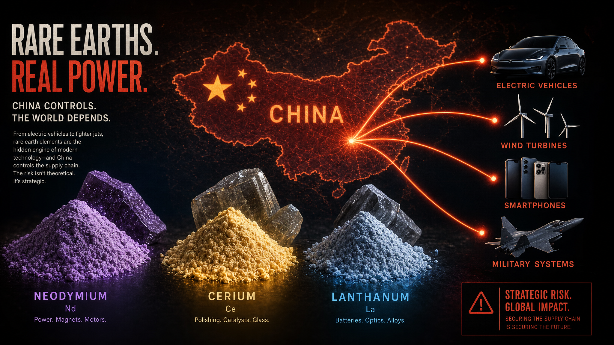 Rare earth mineral oxides — the raw materials inside every EV motor, wind turbine, smartphone, and modern defense system. China controls 85% of global processing capacity.