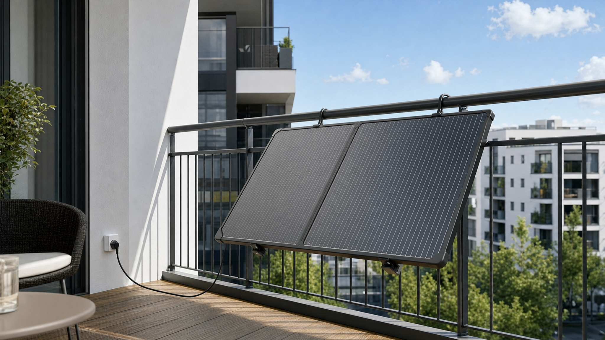 A plug-in solar panel mounted on an apartment balcony railing, with a standard power cord connecting directly to a wall outlet — no contractor, no permit required.
