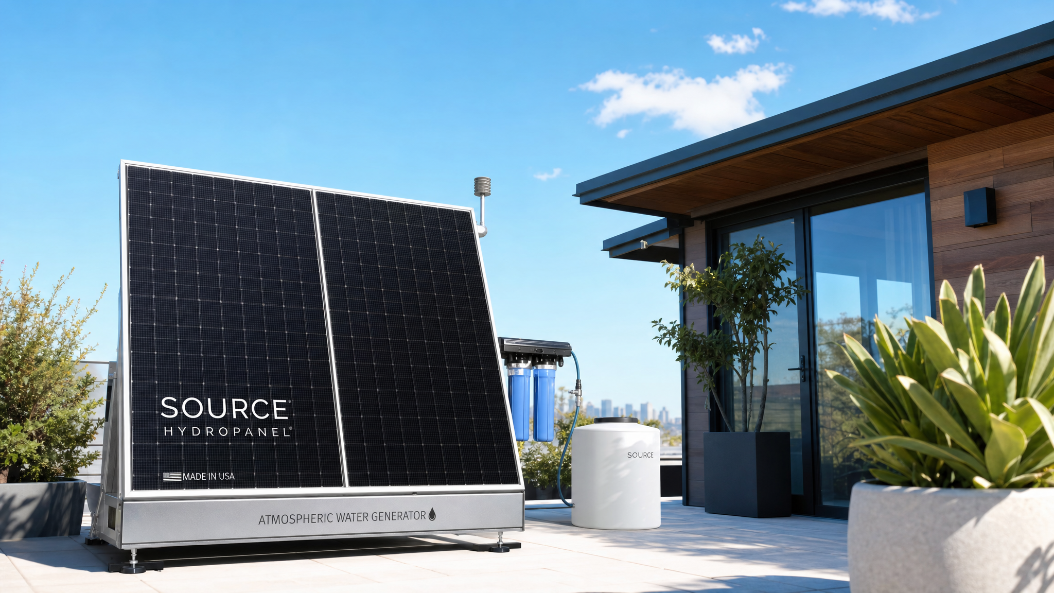 SOURCE Hydropanels — solar-powered atmospheric water generators that pull moisture from air and sunlight to produce clean drinking water with no pipe, no aquifer, and no municipal connection required.