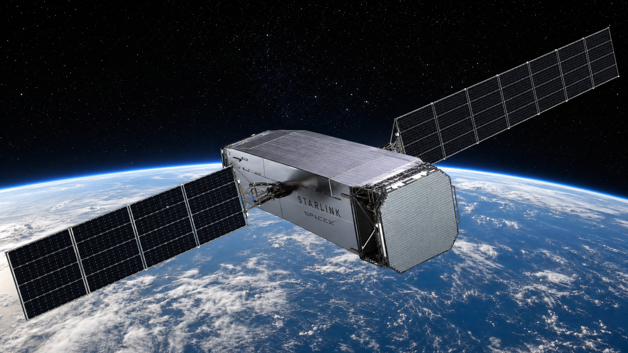 Artist's concept of a Starlink V3 next-generation satellite in low Earth orbit — significantly larger than current V2 satellites, with extended solar arrays and advanced phased-array antennas capable of delivering 1 Tbps of bandwidth per satellite.