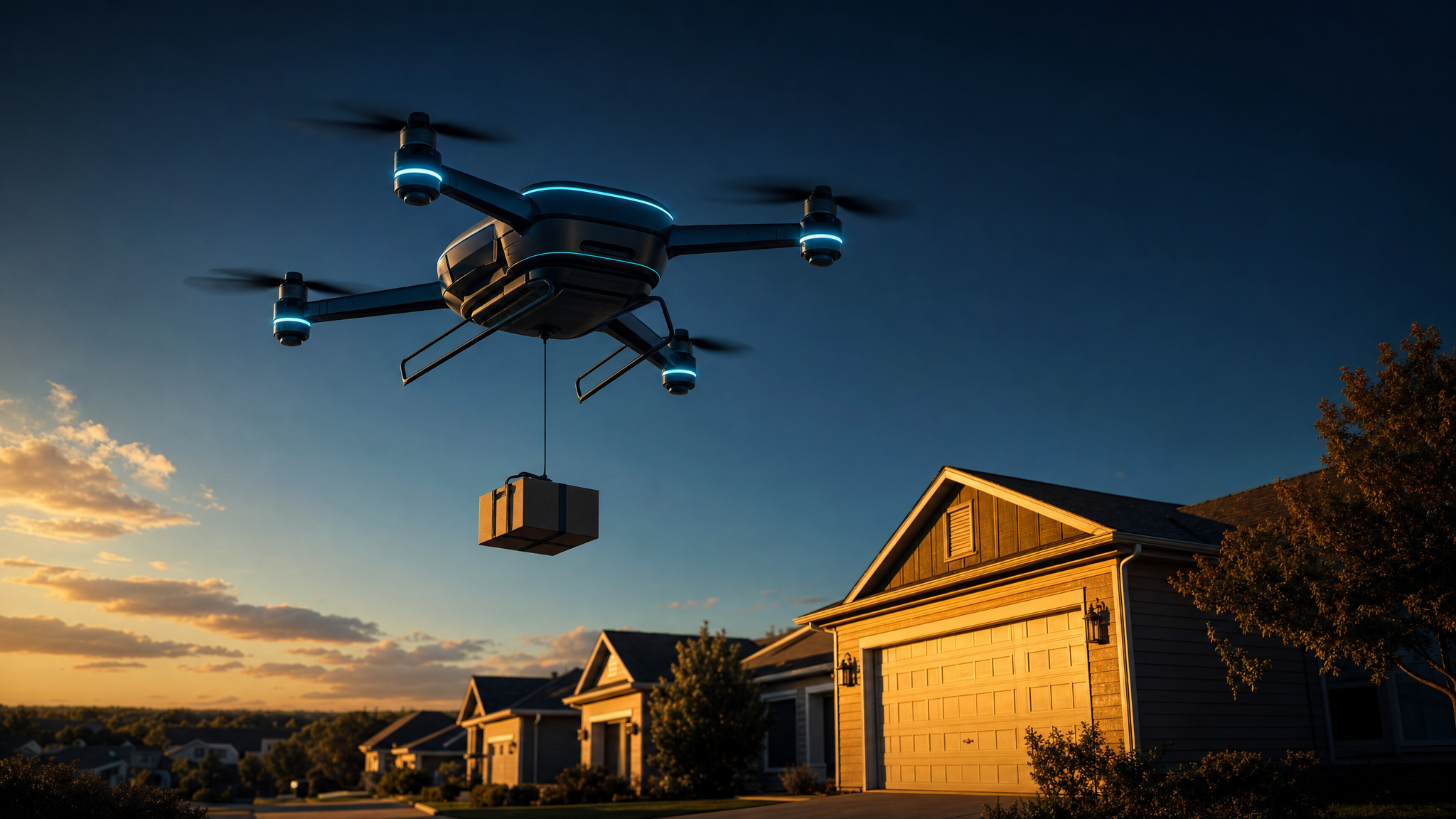 Autonomous delivery drone flying over American suburb at golden hour