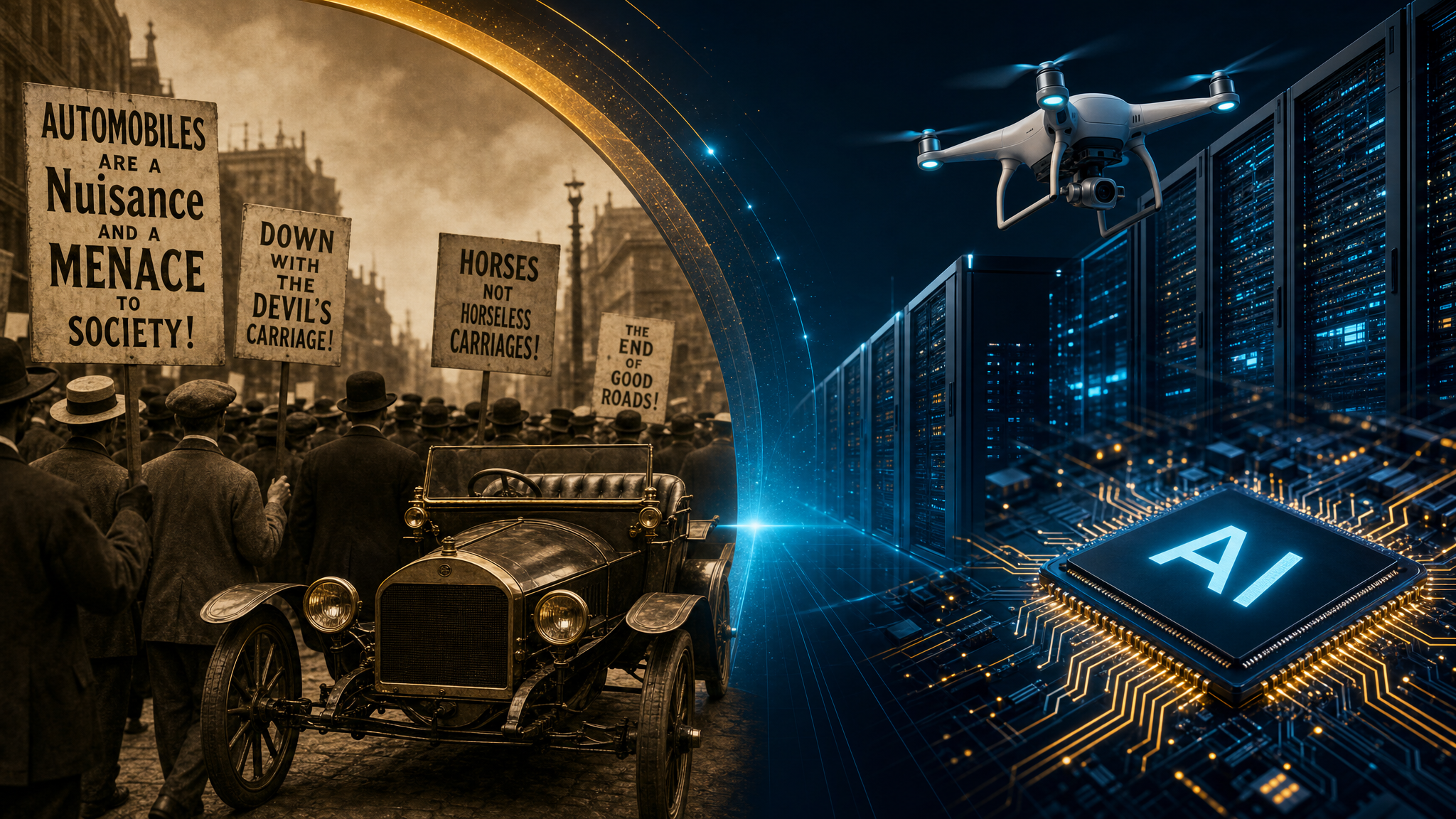 Historical contrast: protesters against early automobile technology versus modern AI data center and drone