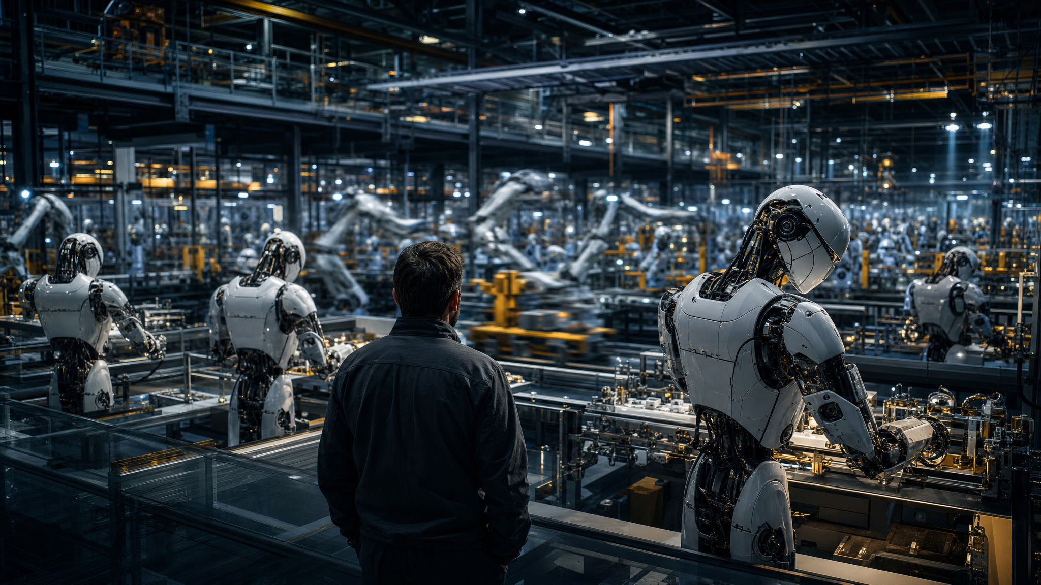 Humanoid robots and a human supervisor on a near-future factory floor