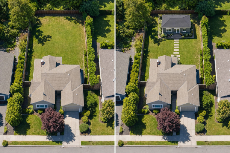 Aerial view showing a residential lot before and after — empty backyard on the left, ADU cottage added to the same lot on the right