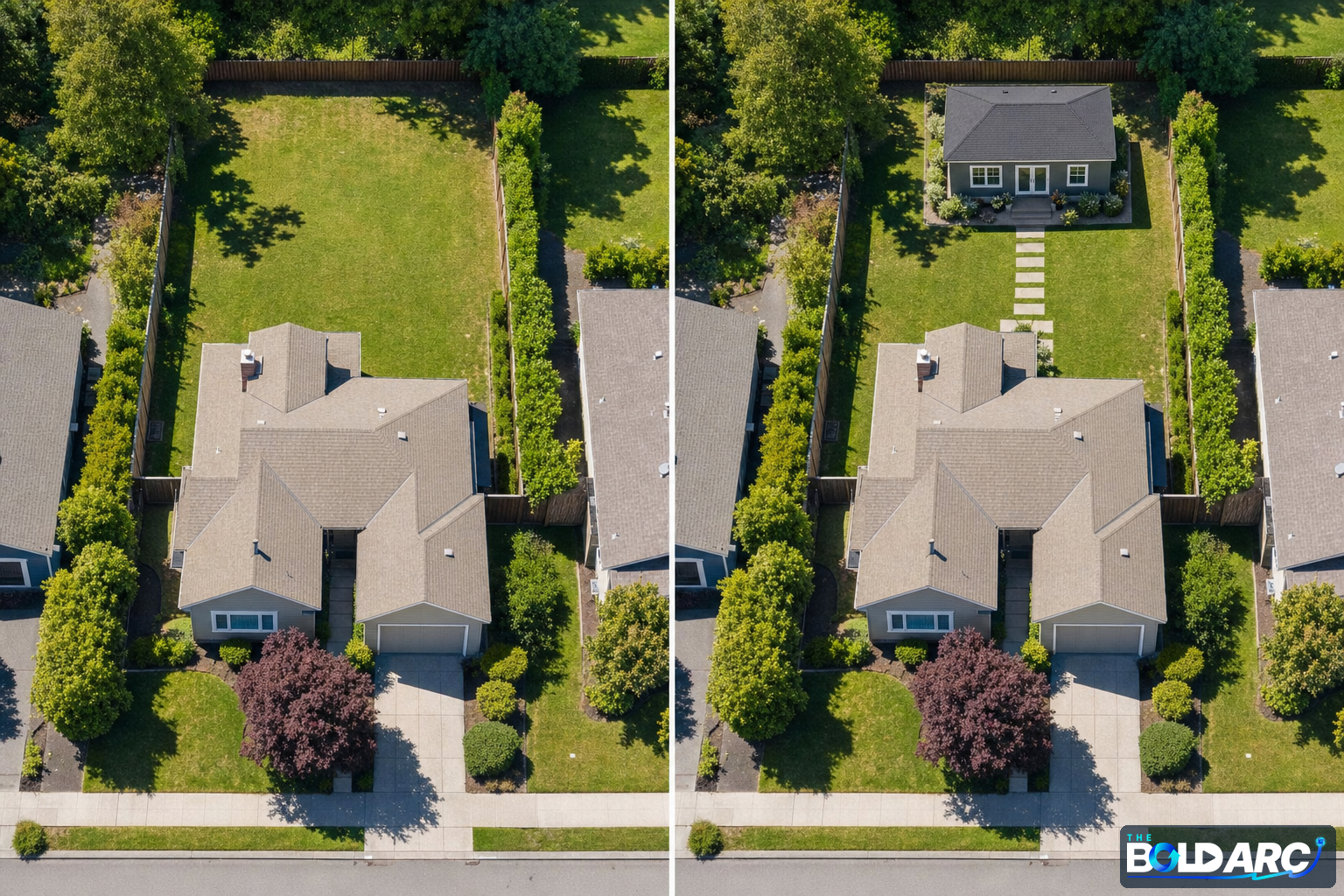 Aerial view showing a residential lot before and after — empty backyard on the left, ADU cottage added to the same lot on the right
