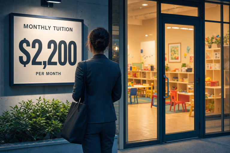 A parent at a daycare center entrance facing the high cost of childcare in America
