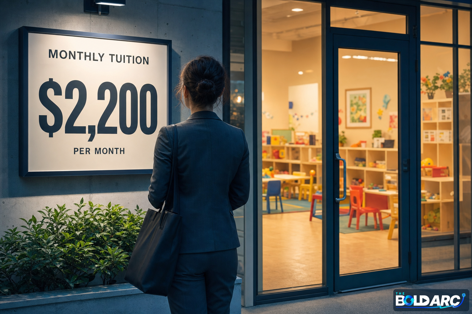 A parent at a daycare center entrance facing the high cost of childcare in America