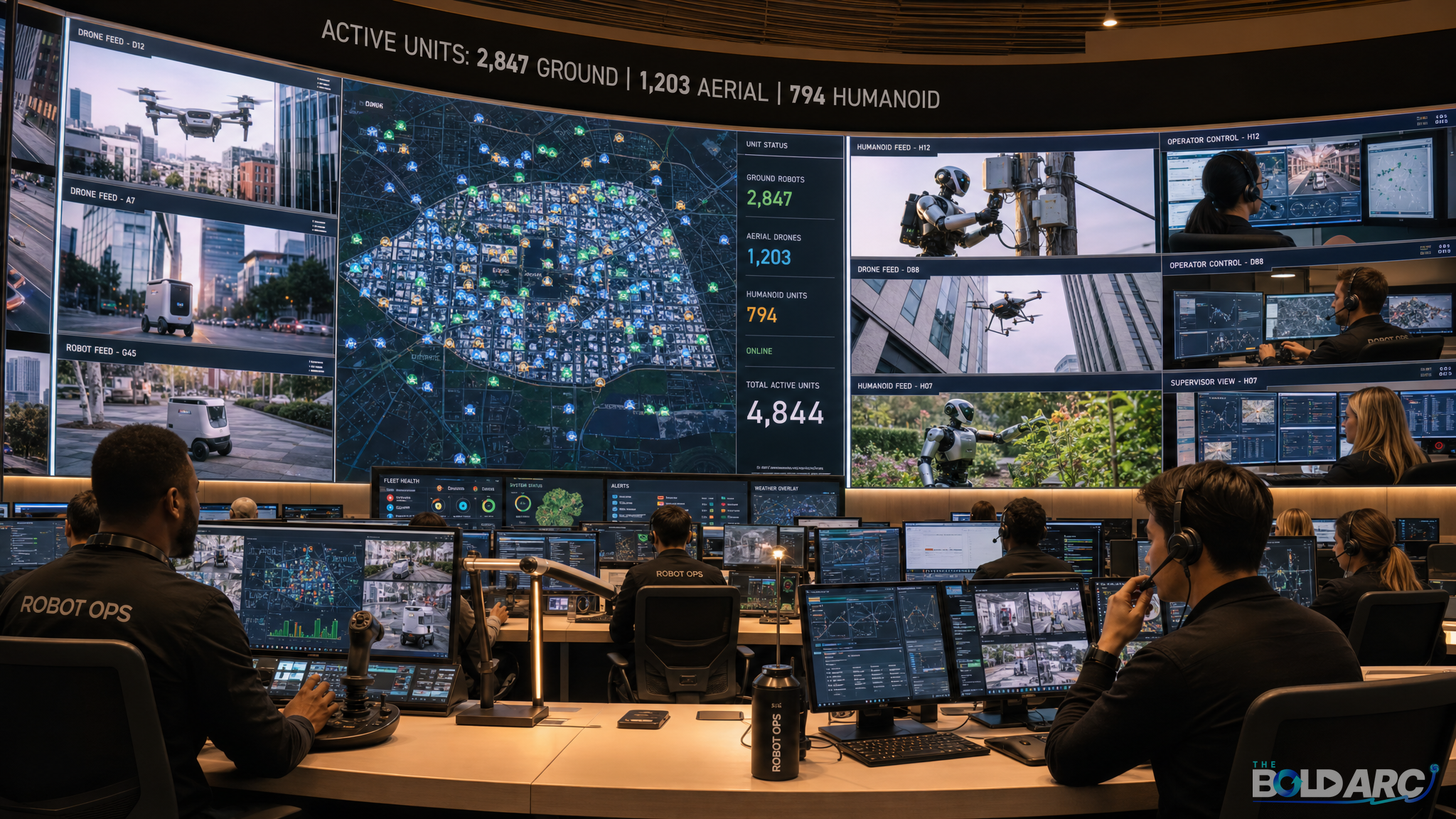 Robot Operations Dispatch Center — human operators monitoring thousands of ground robots, drones, and humanoid robots across a city