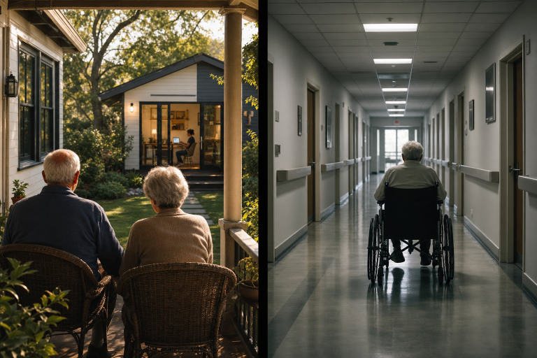 Multi-generational family together at home versus a sterile nursing home corridor
