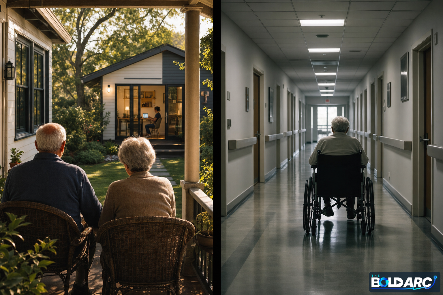 Multi-generational family together at home versus a sterile nursing home corridor