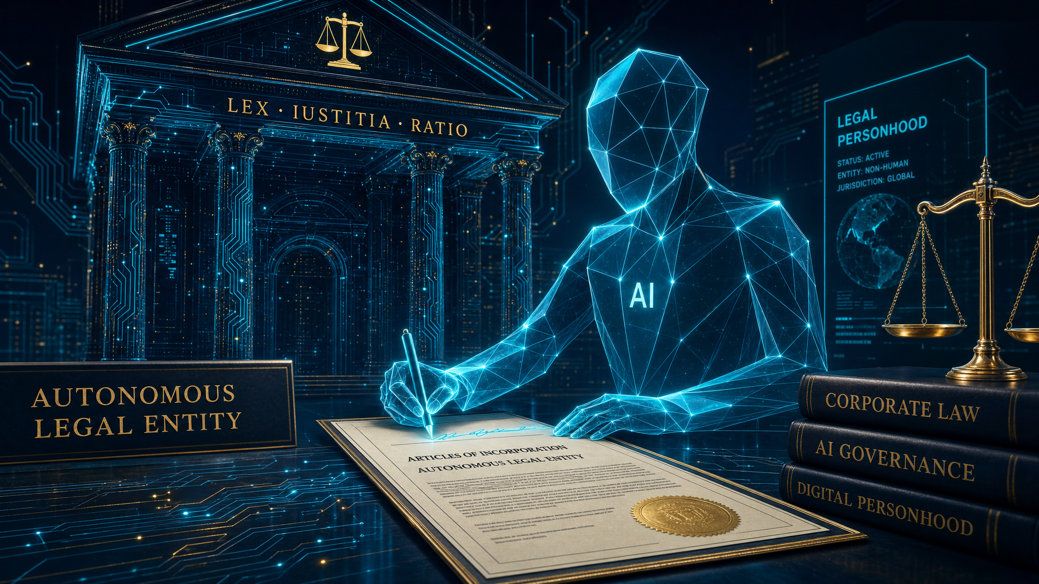 Abstract illustration of AI entity signing legal documents representing autonomous corporate personhood