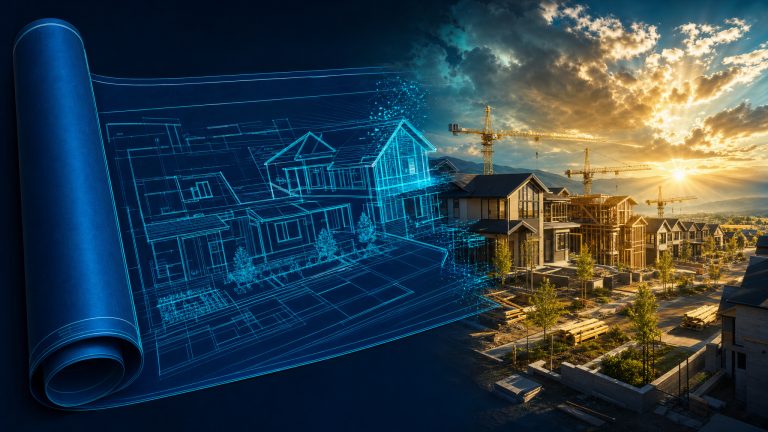 Architectural blueprint transforming into modern American neighborhood under construction with sunlight