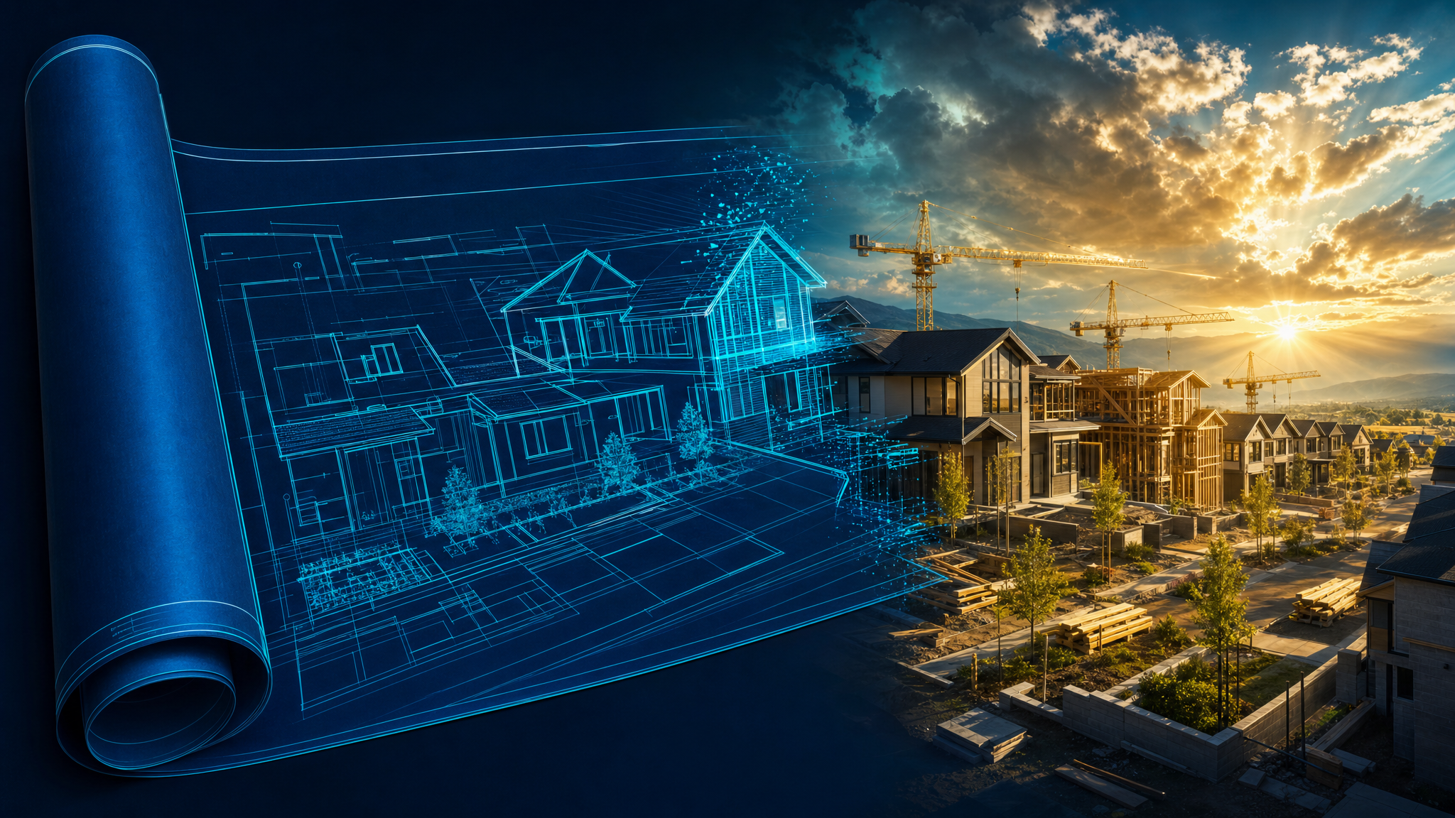 Architectural blueprint transforming into modern American neighborhood under construction with sunlight
