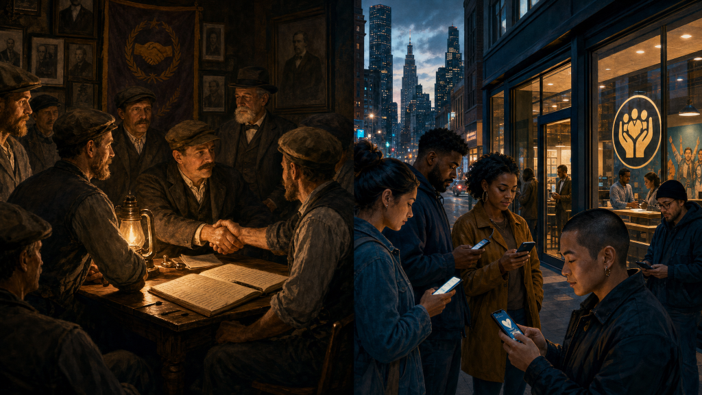 Historical split-panel illustration: a 1900s fraternal lodge meeting on the left, a 2026 diverse urban community with digital mutual aid on the right