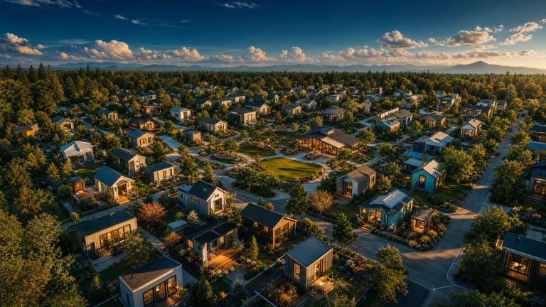 Aerial view of a planned tiny home community with 60 small elegant homes, gardens, and shared green spaces