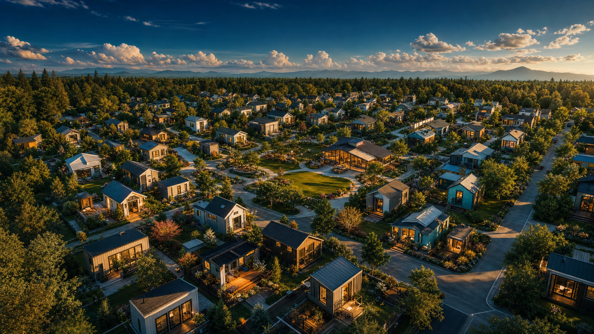 Aerial view of a planned tiny home community with 60 small elegant homes, gardens, and shared green spaces