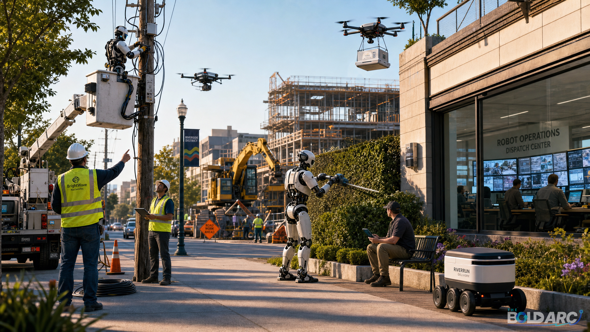 Near-future street scene showing humanoid robots, delivery drones, autonomous vehicles and human supervisors working together