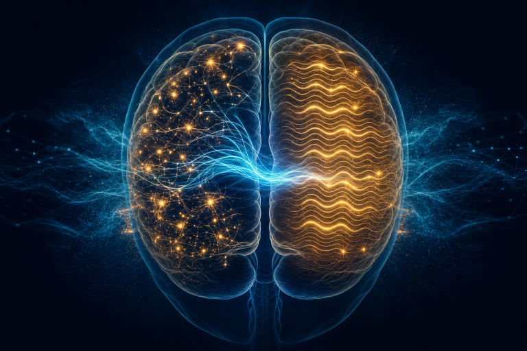 Brain hemispheres showing synchronized alpha coherence during Transcendental Meditation — scattered consciousness versus unified coherent state