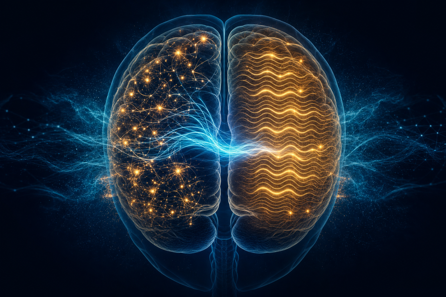 Brain hemispheres showing synchronized alpha coherence during Transcendental Meditation — scattered consciousness versus unified coherent state